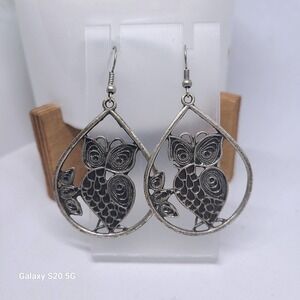 Owl Dangle Earrings Silver Tone‎ Teardrop Boho Statement Pre-OwnedJewelry